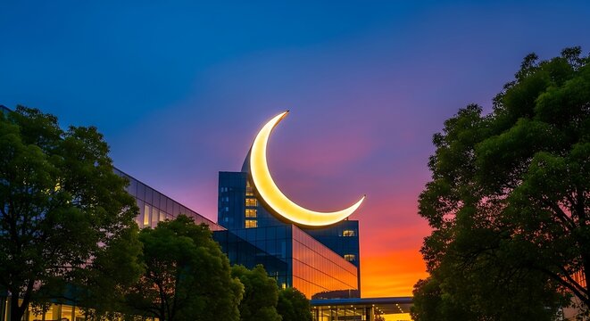 Illuminated crescent moon sculpture atop building at dusk landscape view - Powered by Adobe