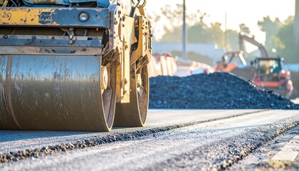 Road roller compacts asphalt