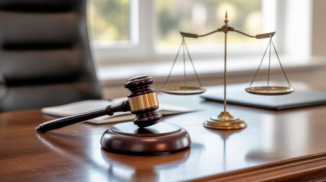 Justice in the Balance: A symbolic scene of law and order, featuring a gavel poised alongside a balanced scale, epitomizing fairness and legal proceedings.
