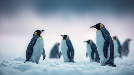 Elegant cinematic composition of penguins in snow, rich burgundy and deep blue tones with soft cinematic haze