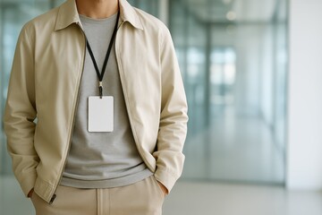A man in a casual jacket wears a blank ID badge on a lanyard in a modern office. Mockup for corporate or event identity.