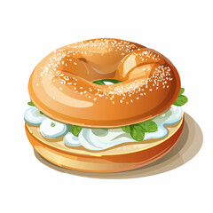 A freshly baked sesame seed bagel sandwich with cream cheese and fresh green herbs, isolated on a white background