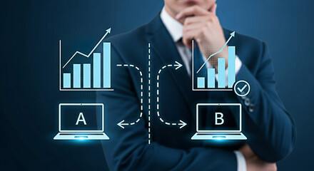Businessman considering data analysis options for business growth and choosing the best path to success with option b