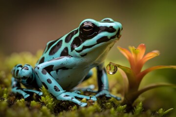 Vibrant poison dart frog displays striking blue and black patterns on forest floor