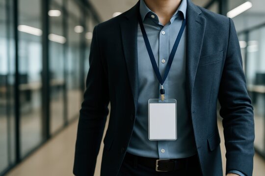 Corporate Attendee. A professional businessman in a formal suit walks through a modern office, wearing a blank ID badge. Perfect for corporate or event identity. - Powered by Adobe