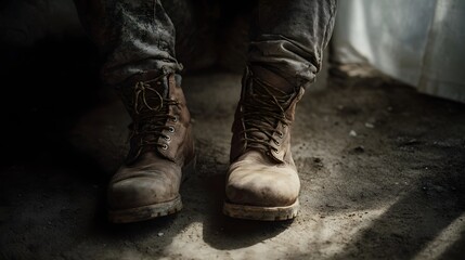 Close up of worn dirty work boots resting on gritty ground suggesting labor and rest