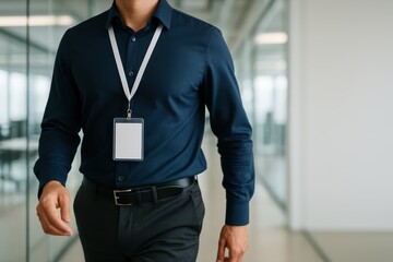  Corporate Professional. A professional man in a blue shirt walks through a modern office, wearing a blank ID badge on a lanyard. Corporate identity concept.