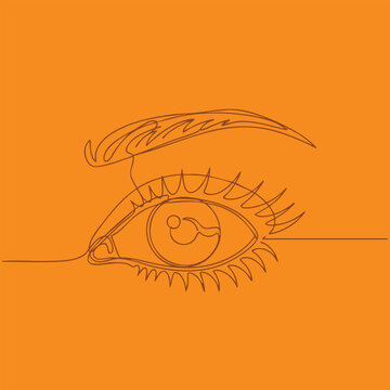 Minimalist Line Art of an Eye with Eyelashes and Eyebrow on Bright Orange