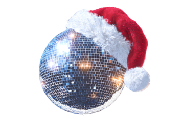 glowing disco ball with a santa hat, isolated on a transparent background