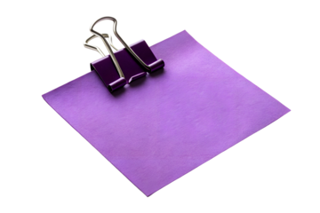 Purple paper note with metal clip on white background