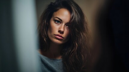 Fototapeta premium Woman with a pensive expression in dramatic indoor lighting conveying introspection and doubt