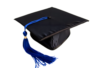 Black graduation cap with royal blue tassel on white fabric