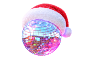 PNG glowing disco ball with a santa hat, isolated on a transparent