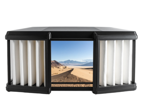 Black rectangular frame showing a beach scene with open side panels on a transparent background