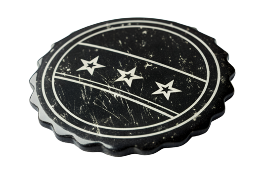Black circular badge with white stars and lines