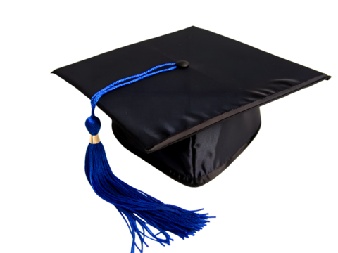 Black graduation cap with royal blue tassel on white fabric
