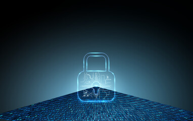 Shining Lock on the blue background with binary code. Vector