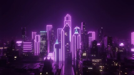 Ultra realistic 3D animation of futuristic city skyline glowing with neon lights against a seamless midnight purple background with sci fi aesthetic cyberpunk mood and cinematic atmosphere ideal for t - Powered by Adobe