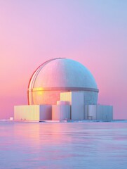 Obraz premium Sunrise Over a Futuristic Dome Structure on Icy Water, Reflecting Soft Pastel Colors in the Early Morning Light