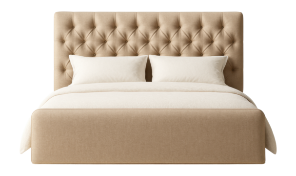 A double bed with upholstered head and footboards for a cozy suburban bedroom.