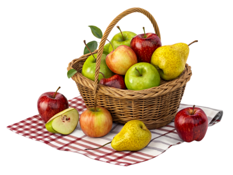 Wicker basket brimming with fresh apples and pears on checkered cloth