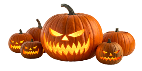 Group of carved glowing jack o lanterns for Halloween