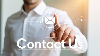 Contact Us Interface: A close-up shot of a businessman in a white shirt touching a digital interface displaying Contact Us and an email icon, symbolizing connection and communication.