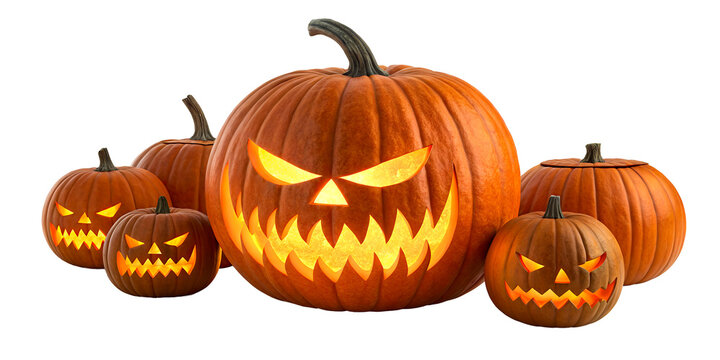 Group of carved glowing jack o lanterns for Halloween