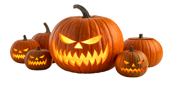 Group of carved glowing jack o lanterns for Halloween