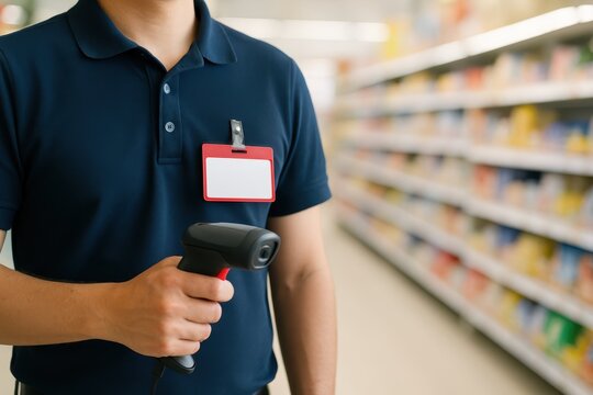 Retail Inventory Management. A retail worker holds a barcode scanner in a store aisle. He wears a blank ID badge, perfect for employee or inventory management mockups.