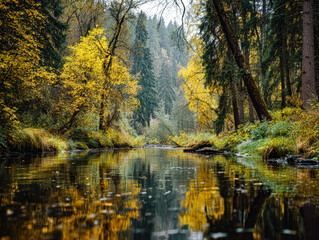 Autumn landscape with vibrant yellow trees reflecting in calm river water surrounded by lush greenery