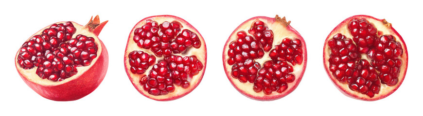 Vibrant red pomegranate cut and halved revealing juicy seeds, perfect for healthy food and beverage advertising, PNG set with transparent background