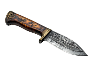 Detailed rendering of a hunting knife with a rustic wooden handle and a sharp blade