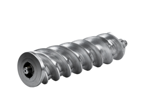 Detailed rendering of a metallic worm gear against a transparent background
