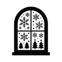 Festive winter window scene with snowflakes and christmas trees silhouette
