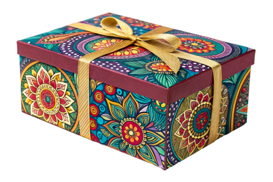 Ornate Gift Box with Gold Ribbon and Psychedelic Floral Design