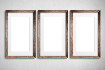 Modern minimal interior with one two three  four  five blank wooden photo frames light gray wall, vertical mockup template for artwork, posters or prints, Scandinavian design, home decor, gallery wall