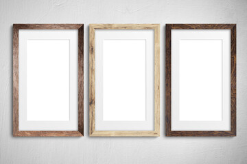 Modern minimal interior with one two three  four  five blank wooden photo frames light gray wall, vertical mockup template for artwork, posters or prints, Scandinavian design, home decor, gallery wall