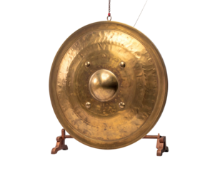 Golden gong instrument with support frame isolated against transparent background