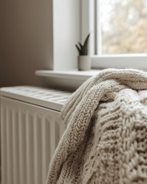Cozy blanket draped over a radiator by the window in a warm room