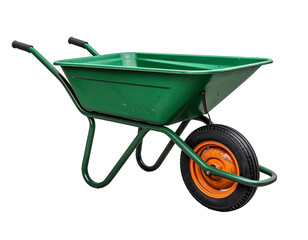 Green wheelbarrow with single wheel isolated on transparent background