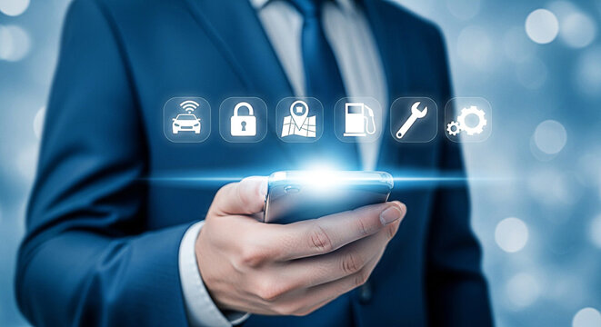 Businessman using mobile app for car services and maintenance on his smartphone with digital icons showing car location and service options