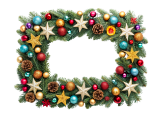 Festive Christmas Evergreen Wreath Border with Ornaments and Pinecones