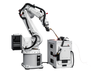 Illustration of a robotic arm with articulated joints isolated on transparent background