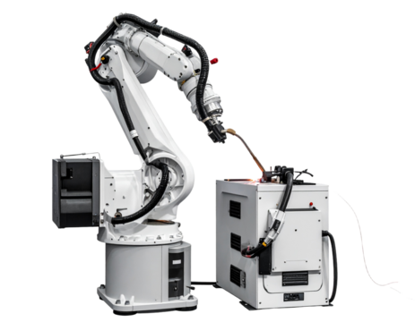 Illustration of a robotic arm with articulated joints isolated on transparent background