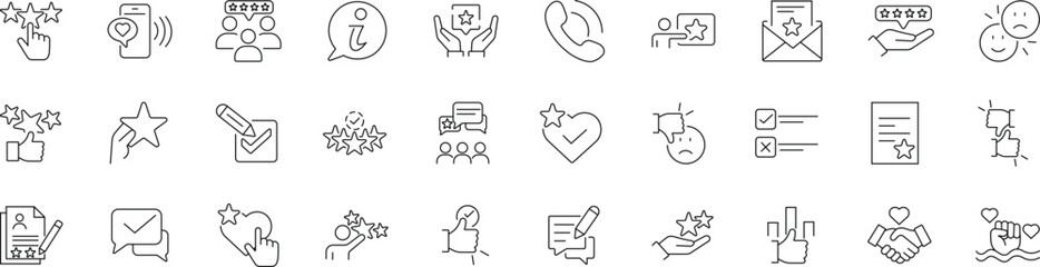 Feedback plan thin line icon set with editable stroke, featuring assessment, survey, customer review, rating, like, comment, opinion, and five-star evaluation in a clean linear vector style