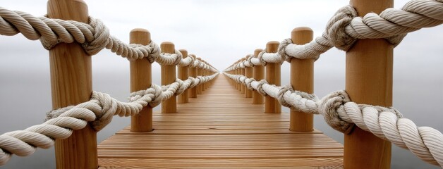 Obraz premium Long wooden pier extends over calm water, inviting peaceful reflection and connection with nature while under a serene, cloudy sky