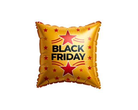 Golden foil balloon with red stars and text BLACK FRIDAY - Powered by Adobe