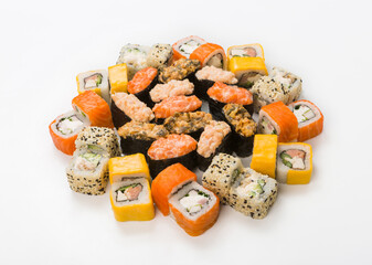 Sushi, gunkan and rolls - japanese food restaurant delivery, california platter set isolated at white background, placed in circle