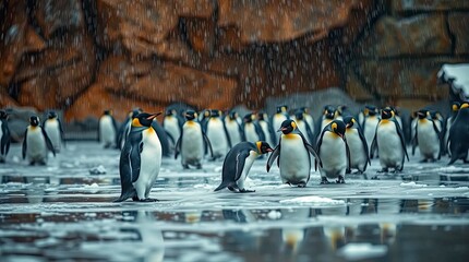 Obraz premium Rainy penguins in snow, warm terracotta and cool teal tones with reflective surfaces and soft drizzle